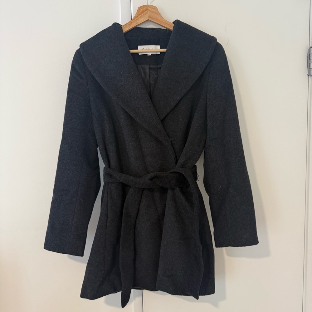 Calvin Klein Charcoal Grey Wool Belted Coat